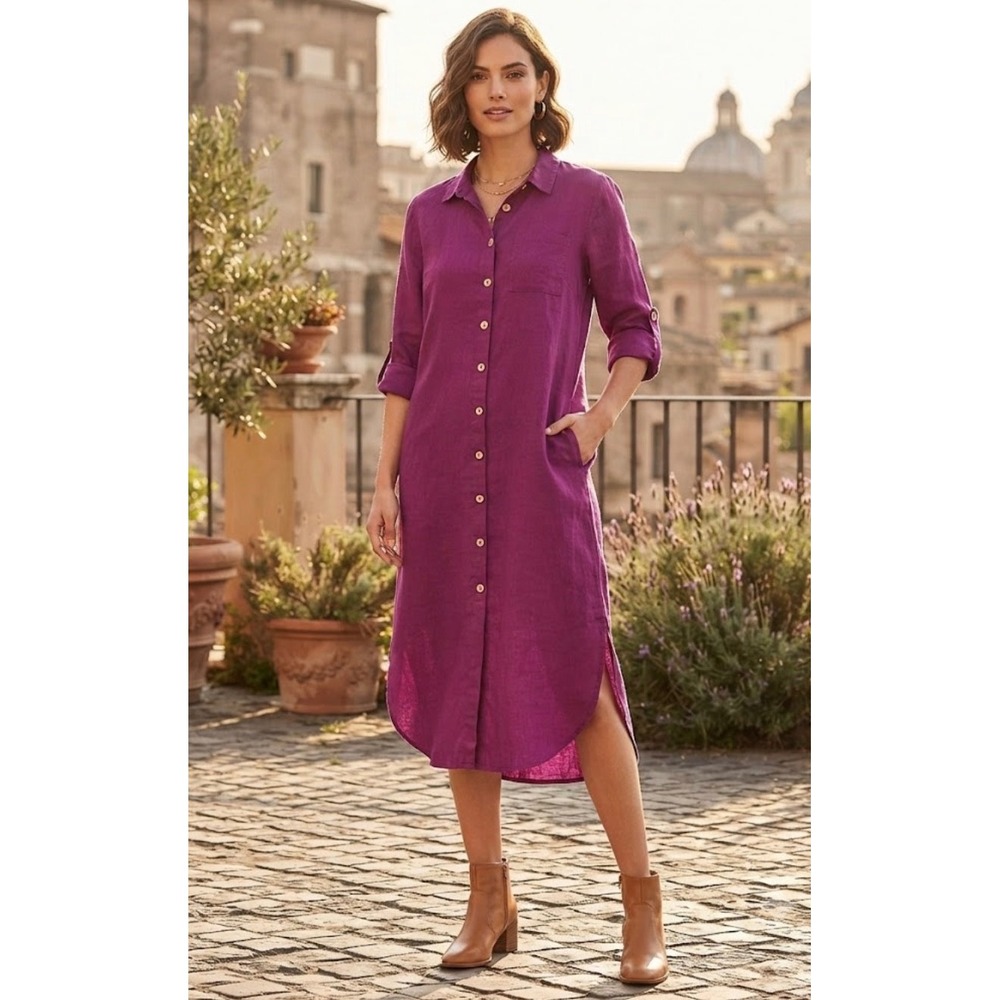 4our Dreamers Womens Magenta Linen Blend Long Button Down Shirt Dress Large